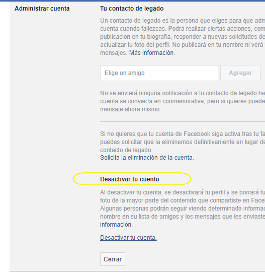 desactivar cuenta facebook
